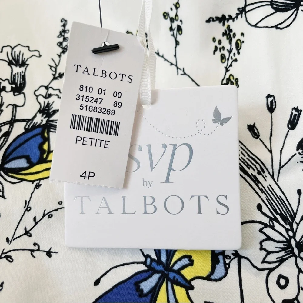 NWT Talbots Butterfly Spring Sateen Sheath Dress Cerulean Yellow White Size 4 P - Picture 7 of 9